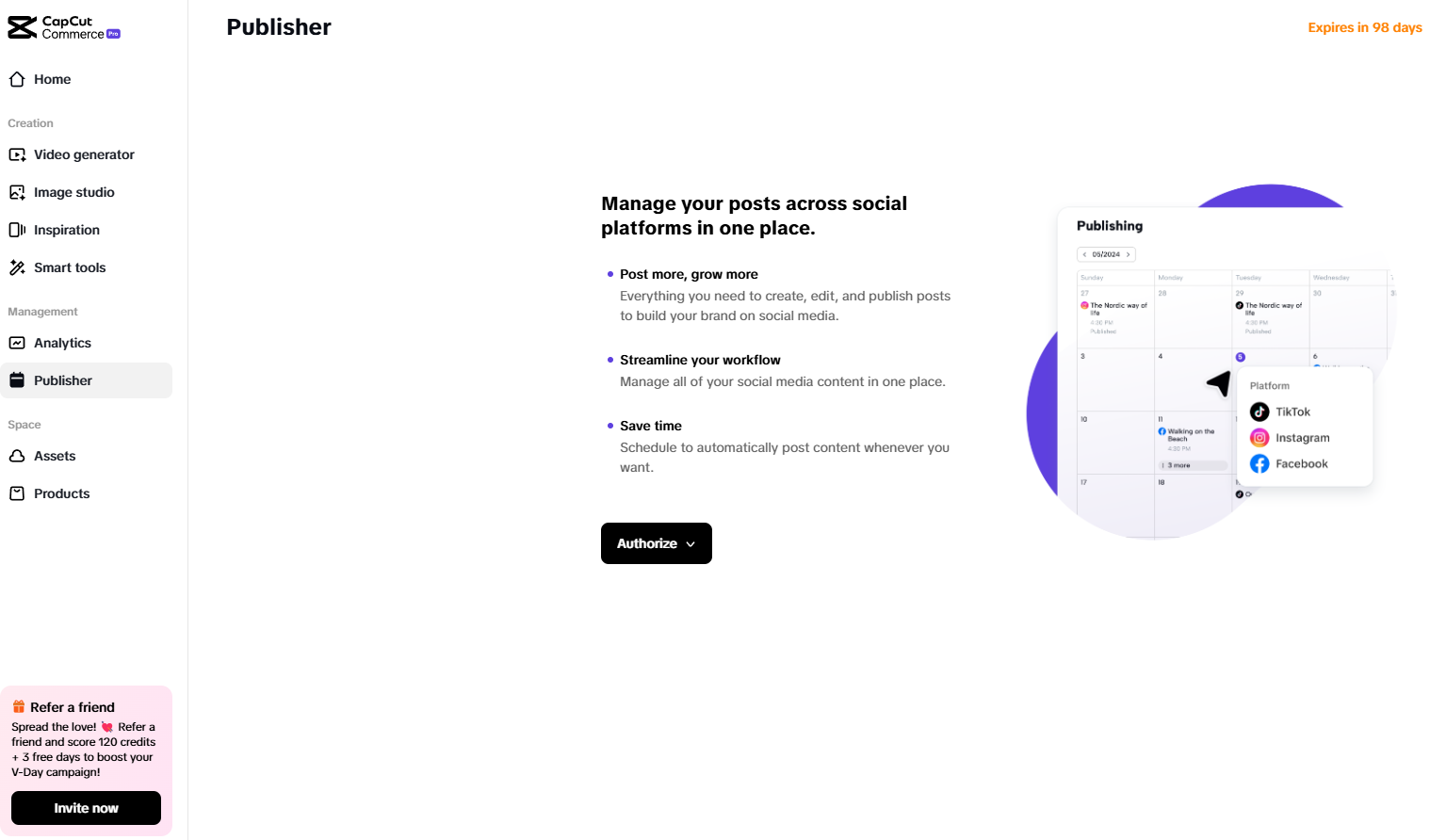 CapCut Commerce Pro Publisher tool for scheduling and managing social media posts across TikTok, Instagram, and Facebook.